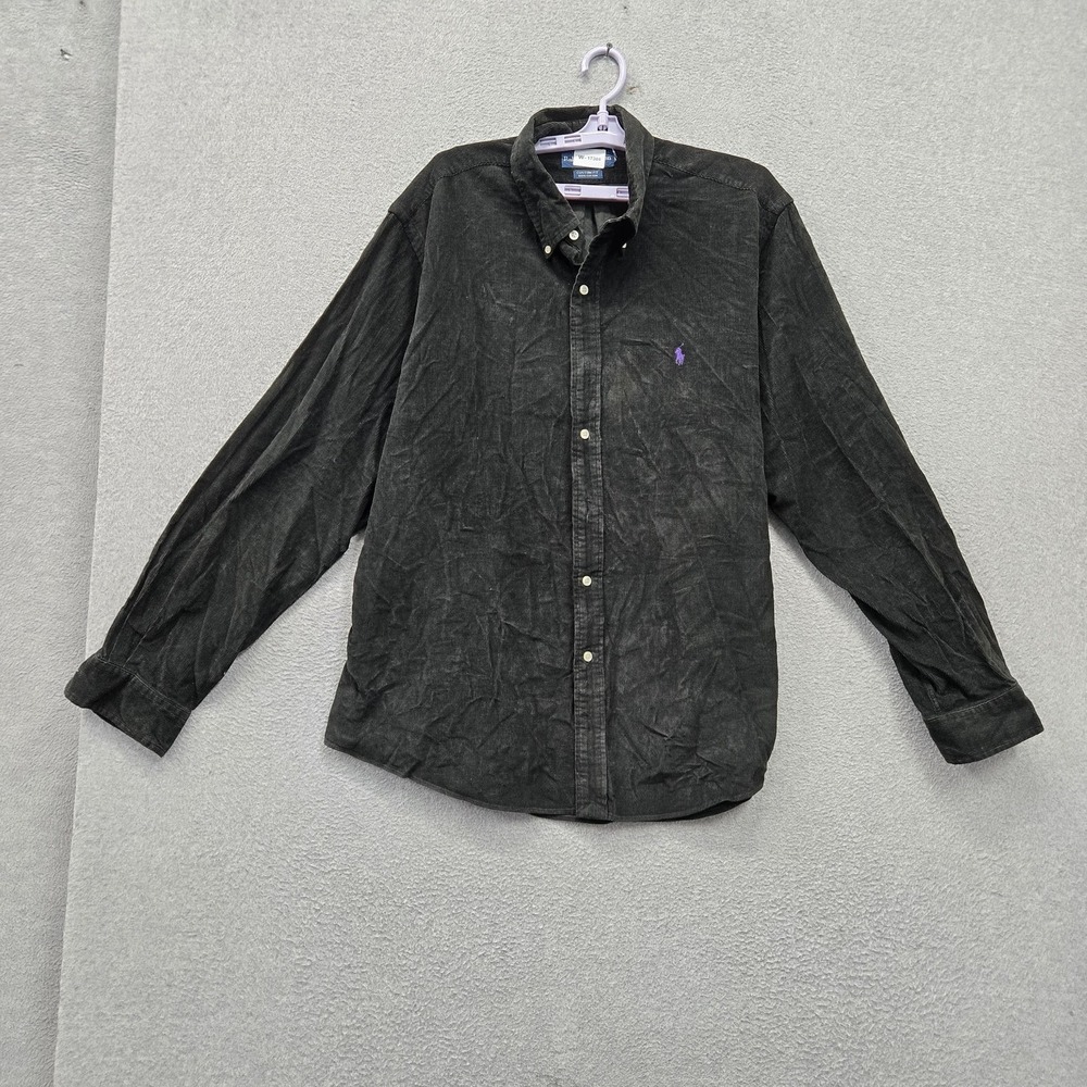 VINTAGE Ralph Lauren Men Button Up Shirt M Black Corduroy Custom Fit Logo Casual